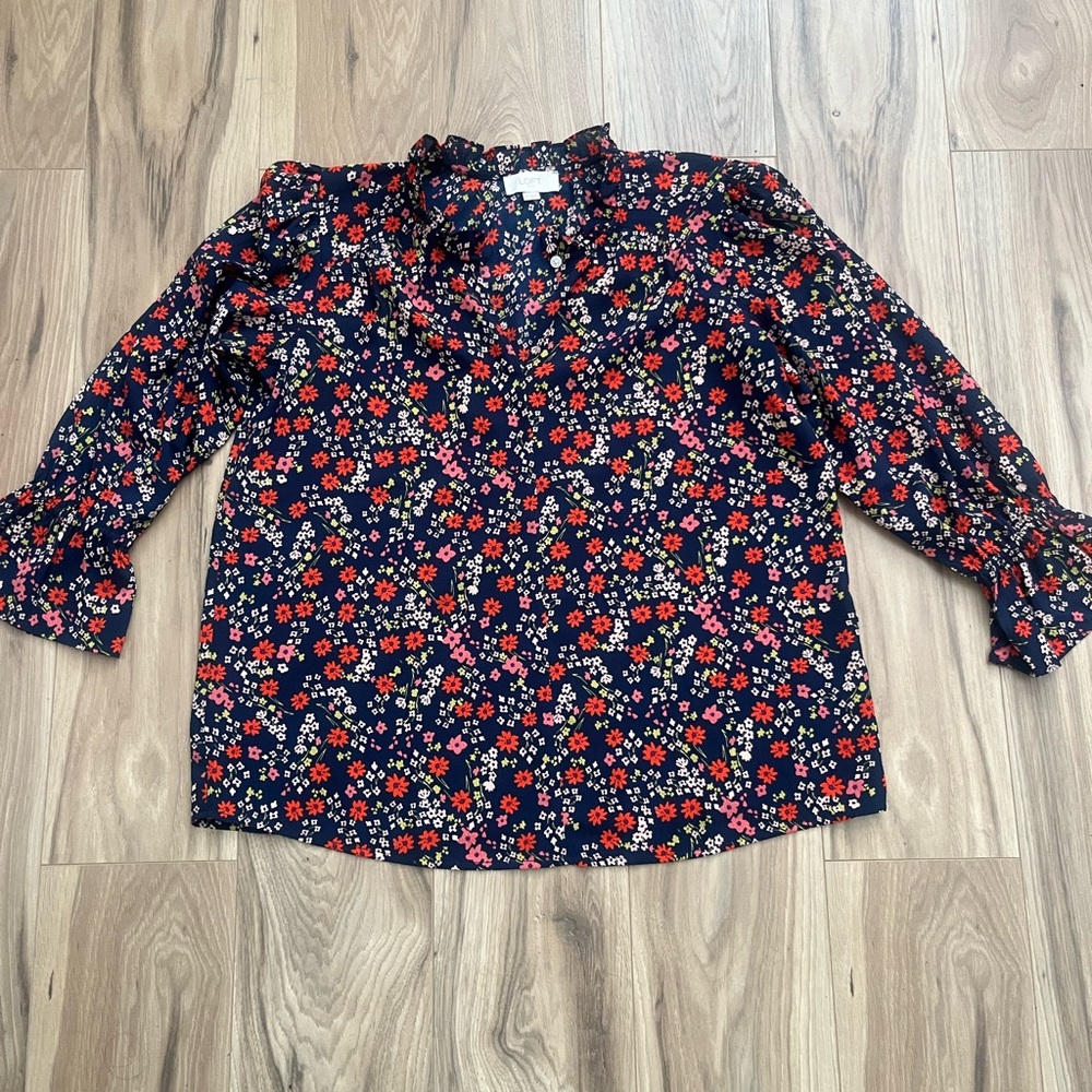 LOFT Navy Blouse with Red and White Floral Pattern